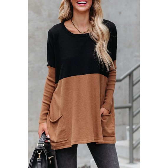 Casual Contrast O-Neck Pocket Top