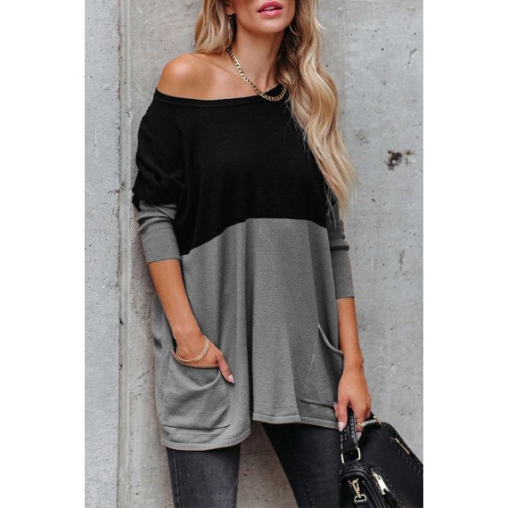 Casual Contrast O-Neck Pocket Top