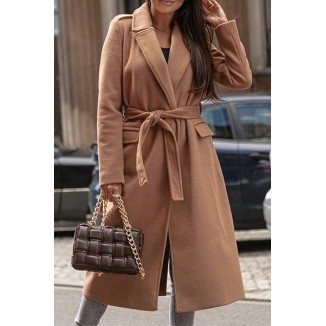 Casual Elegant Solid Patchwork With Belt Turn-back Collar Outerwear(4 Colors)