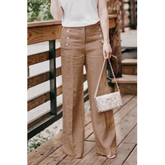 Casual Solid Buckle Straight High Waist Wide Leg Solid Color Bottoms(5 Colors)