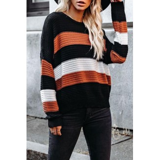 Casual Color Lump Striped Split Joint  Contrast O Neck Tops