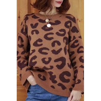 Casual Leopard  Contrast O Neck Tops