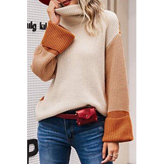 Casual Patchwork Basic Contrast Turtleneck Tops