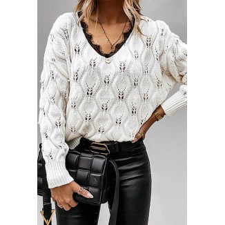 Casual Patchwork Lace Hollowed Out V Neck Tops