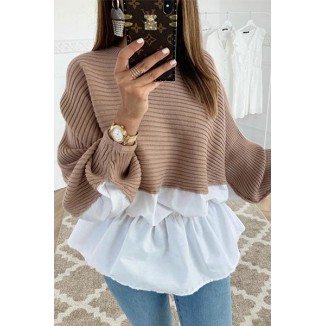 Casual Patchwork Fold  Contrast O Neck Tops