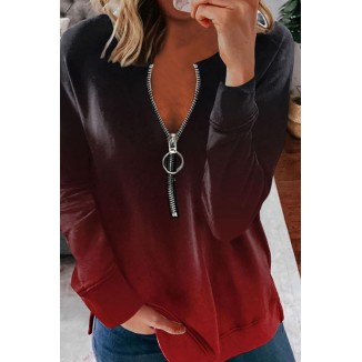 Casual Gradual Change Zipper Zipper Collar Tops(3 Colors)