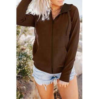 Casual Solid Draw String Pocket Zipper Hooded Collar Tops