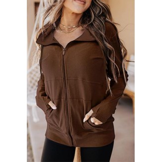 Casual Solid Draw String Pocket Zipper Hooded Collar Tops