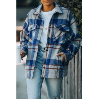 Casual Plaid Pocket Buckle Turndown Collar Outerwear