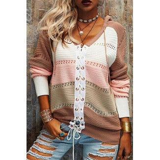 Casual Patchwork Draw String Cross Straps Contrast Hooded Collar Tops(7 Colors)