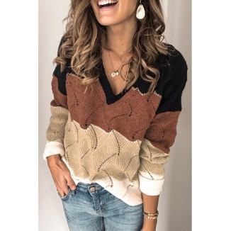 Casual Patchwork Contrast V Neck Tops Sweater