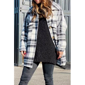 Casual Plaid Pocket Buckle Turndown Collar Outerwear