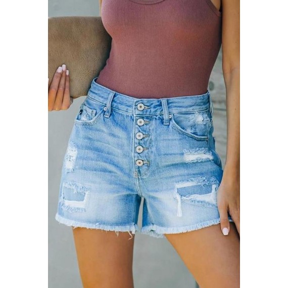 Casual Daily Solid Ripped High Waist Straight Denim Shorts