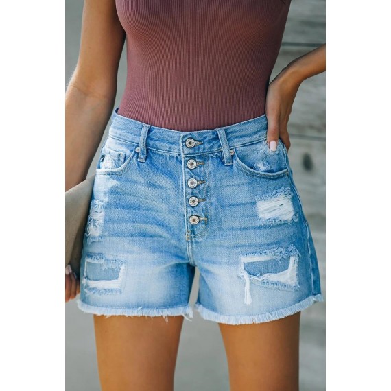 Casual Daily Solid Ripped High Waist Straight Denim Shorts