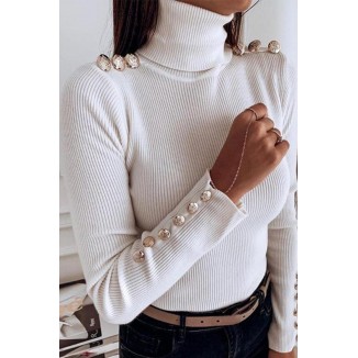 Casual Solid Buttons Turtleneck Tops