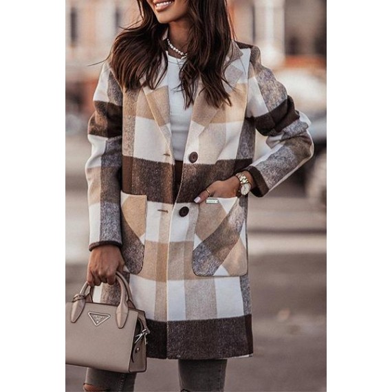 Casual Elegant Plaid Pocket Buckle Turn-back Collar Outerwear