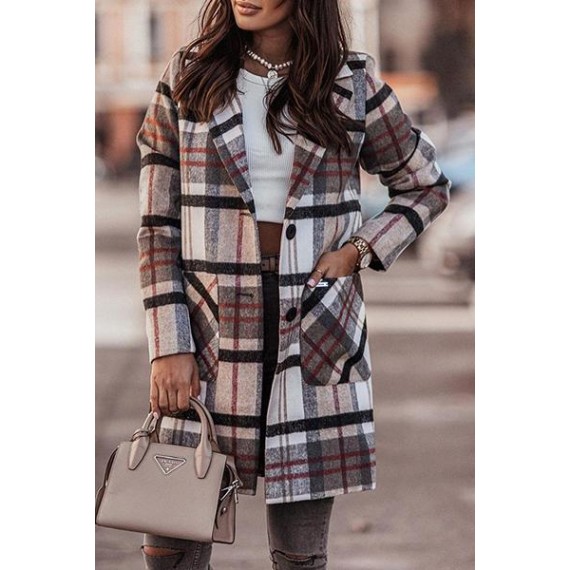 Casual Elegant Plaid Pocket Buckle Turn-back Collar Outerwear