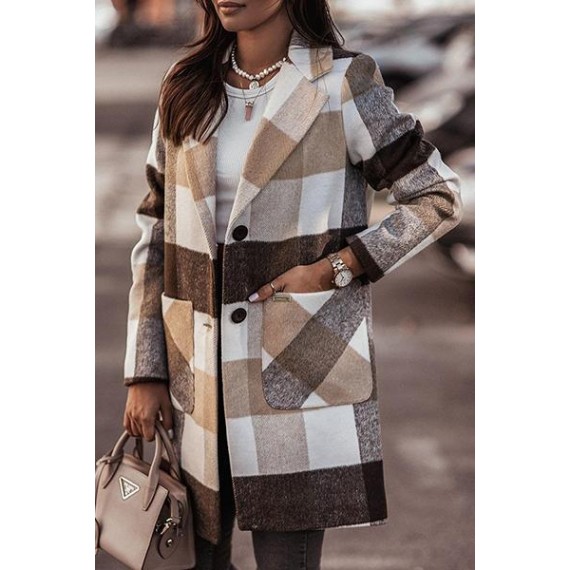 Casual Elegant Plaid Pocket Buckle Turn-back Collar Outerwear