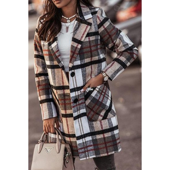 Casual Elegant Plaid Pocket Buckle Turn-back Collar Outerwear