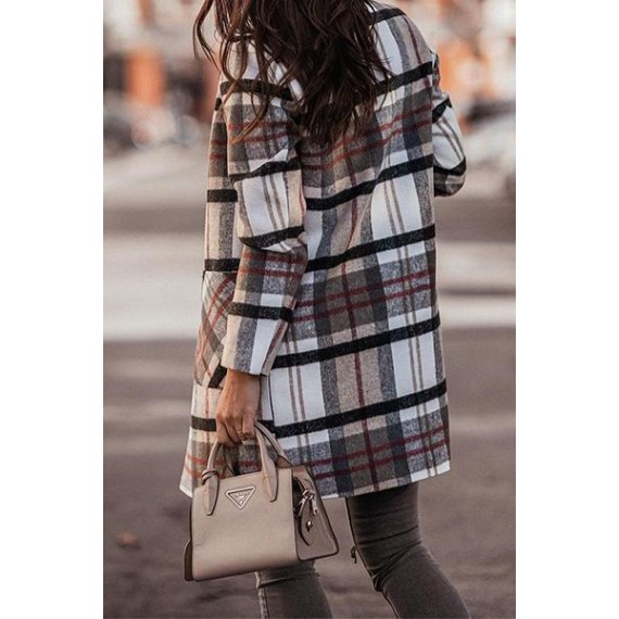 Casual Elegant Plaid Pocket Buckle Turn-back Collar Outerwear