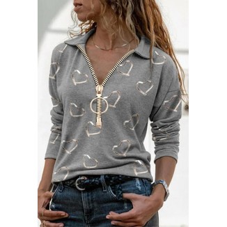 Casual Print Zipper Turndown Collar Tops(4 Colors)