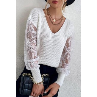 Casual Patchwork Lace See-through V Neck Tops