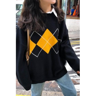 Casual Geometric Patchwork Contrast O Neck Tops Sweater(3 Colors)