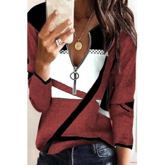 Casual Print Patchwork Contrast Zipper Collar Tops(5 Colors)