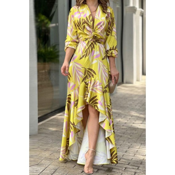 Fashion  Print Pocket V Neck Irregular Dress Dresses(6 Colors)