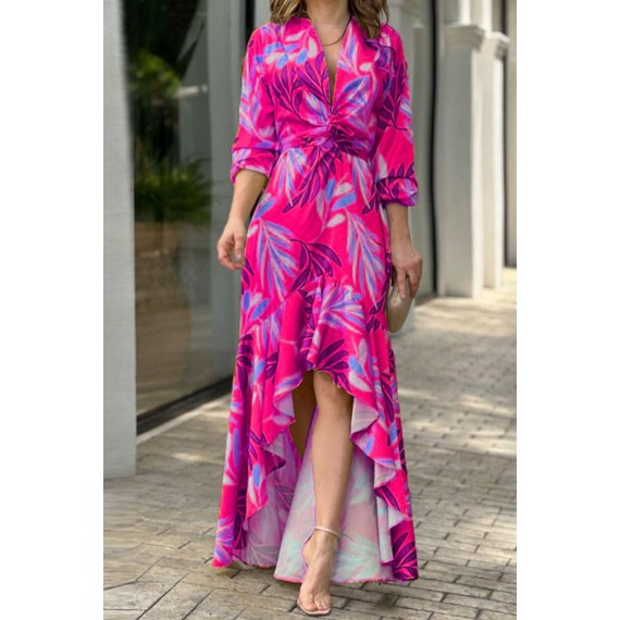 Fashion  Print Pocket V Neck Irregular Dress Dresses(6 Colors)