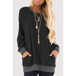 Casual Patchwork Pocket O Neck Tops