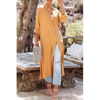 Casual Solid Buckle Turndown Collar Shirt Dress Dresses