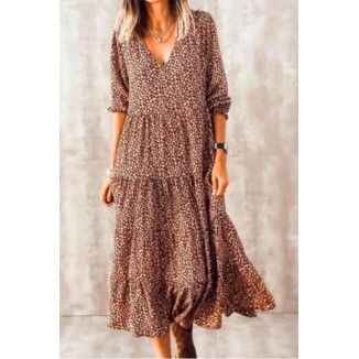 Casual Print Split Joint V Neck Cake Skirt Dresses