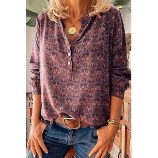 Street Vintage Print Buckle V Neck Tops(3 Colors)