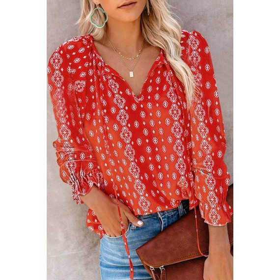 Casual Elegant Print Split Joint Frenulum V Neck Tops