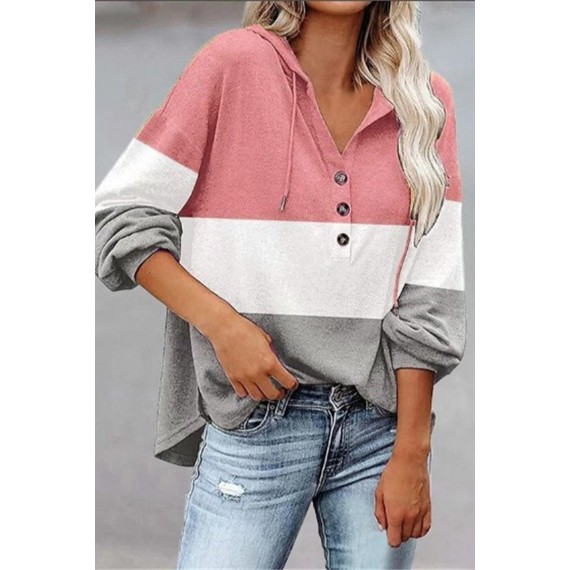 Casual Color Block Contrast V Neck Hoodies(4 Colors)