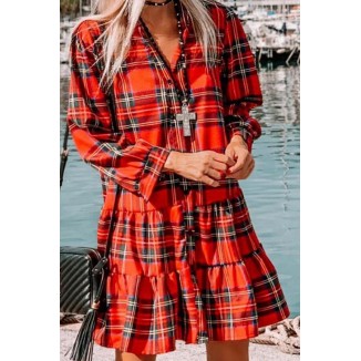 Casual Plaid Buckle Flounce Cake Skirt Dresses