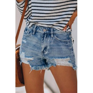 Casual Solid Split Joint Mid Waist Skinny Denim Shorts