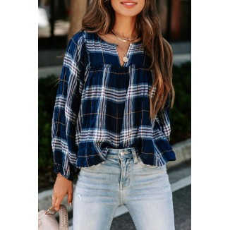 Casual Plaid Patchwork V Neck Tops