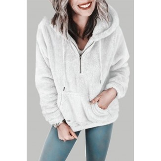 Casual Solid Draw String Pocket Hooded Collar Tops