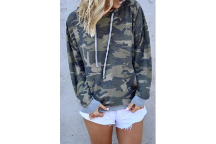 Casual Camouflage Print Split Joint Hooded Collar Tops