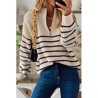 Striped Patchwork Zipper Collar Tops Sweater(3 Colors)