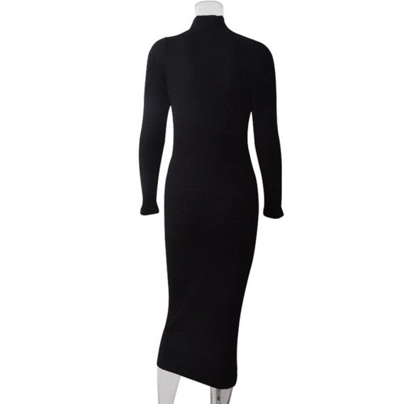 Cap Sleeve Long Sleeves Turtleneck A-Line Mid-Calf Solid