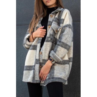 Casual Plaid Pocket Buckle Turndown Collar Outerwear