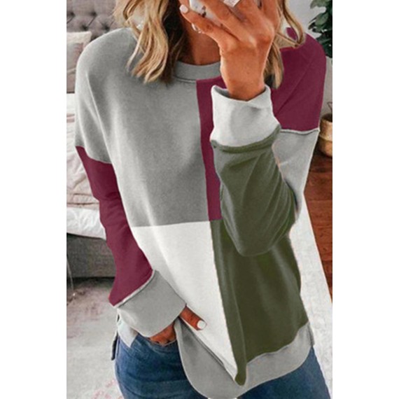 Casual Color Lump Patchwork Contrast O Neck Tops(5 Colors)