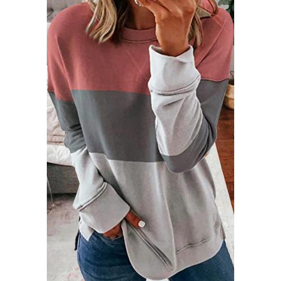 Casual Color Lump Patchwork Contrast O Neck Tops(5 Colors)