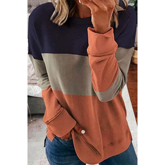 Casual Color Lump Patchwork Contrast O Neck Tops(5 Colors)