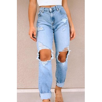 Fashion British Style Solid Ripped Straight Mid Waist Bottoms