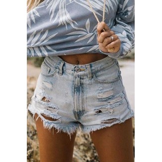 Casual Solid Ripped High Waist Straight Denim Shorts