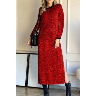 Casual Leopard Patchwork Slit O Neck Dresses